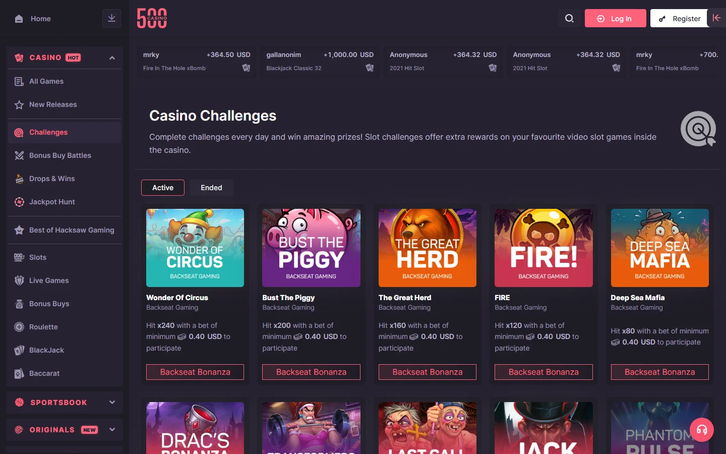 500 Casino casino challenges screenshot