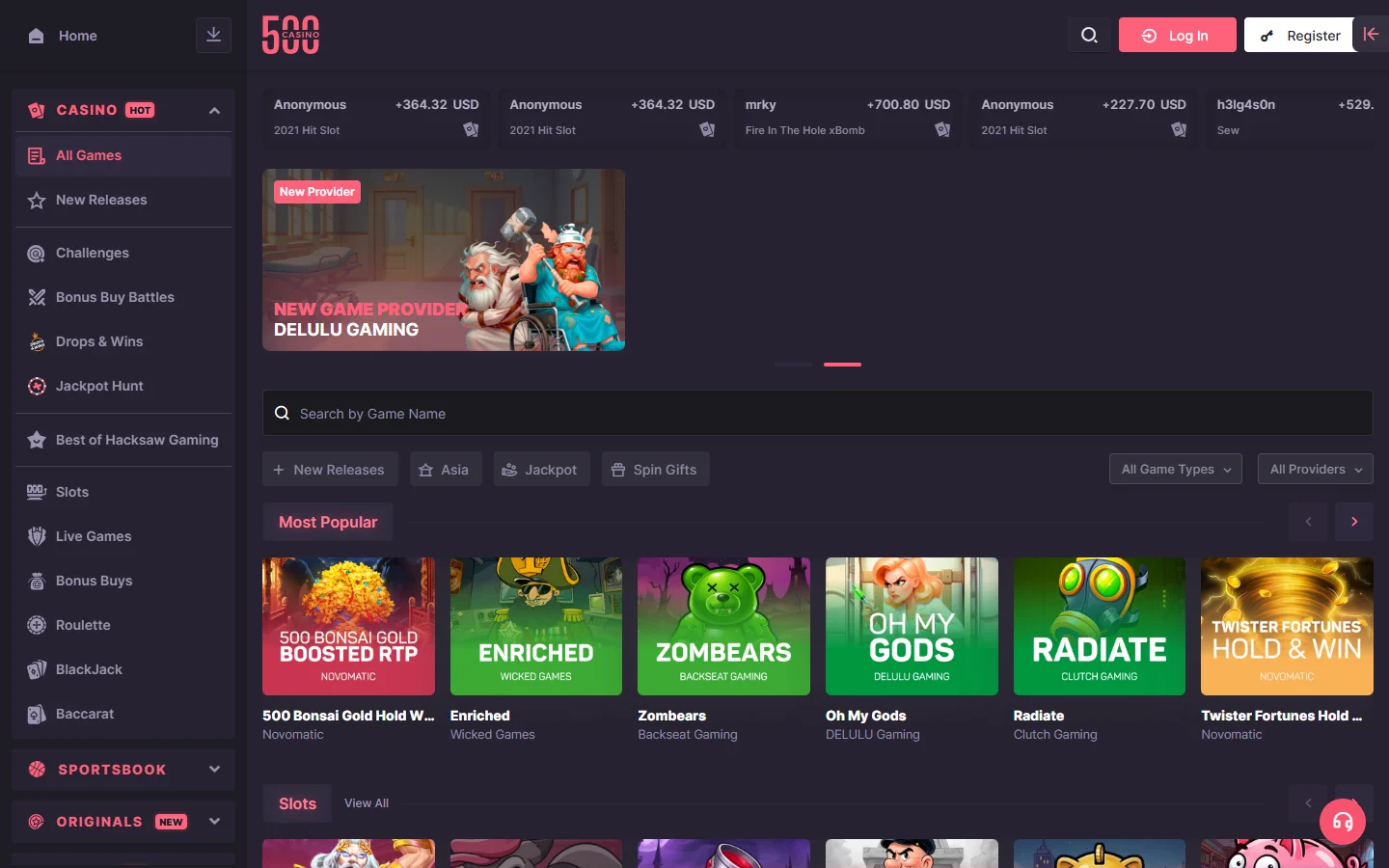 500 Casino casino lobby screenshot