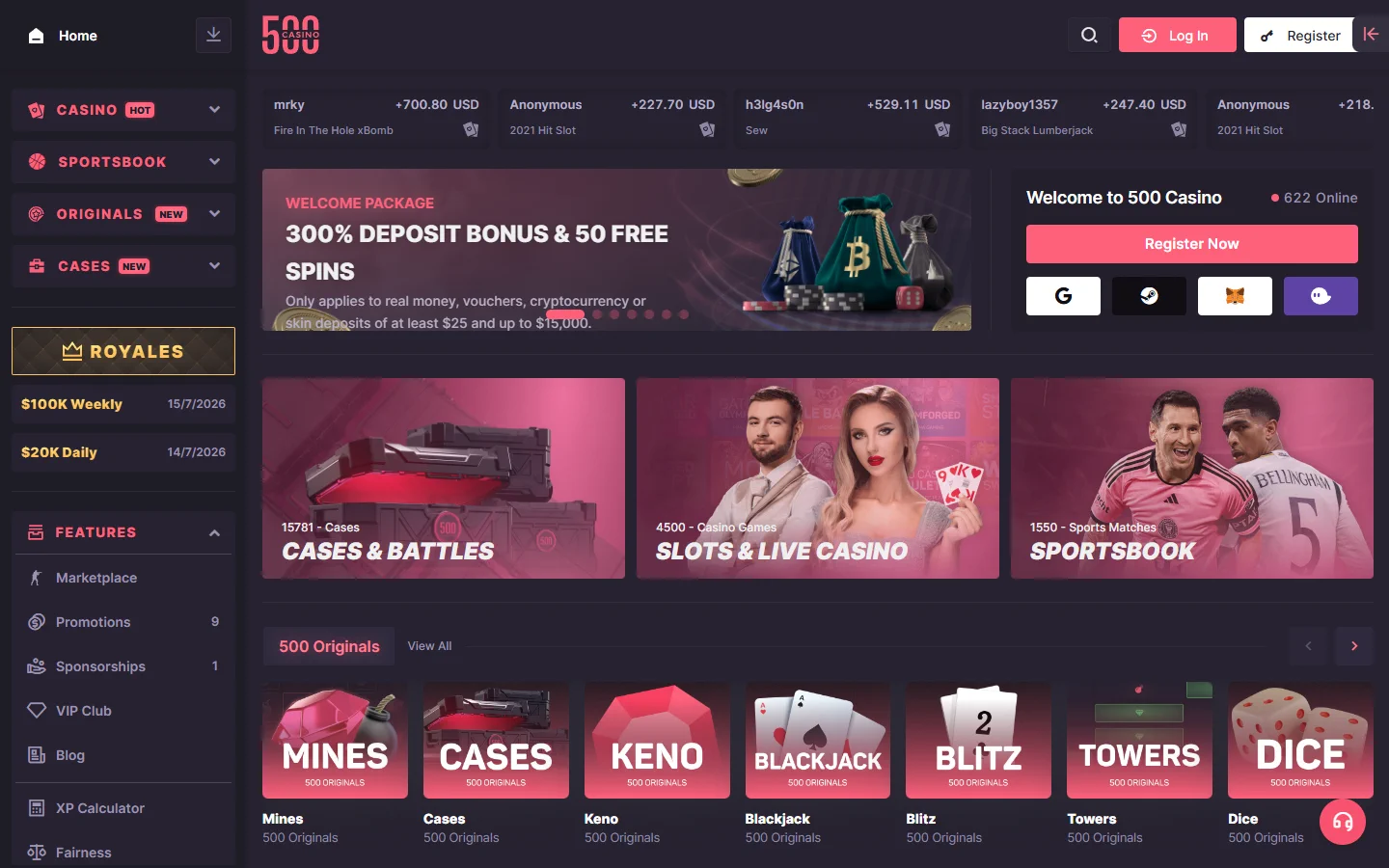 500 Casino homepage screenshot