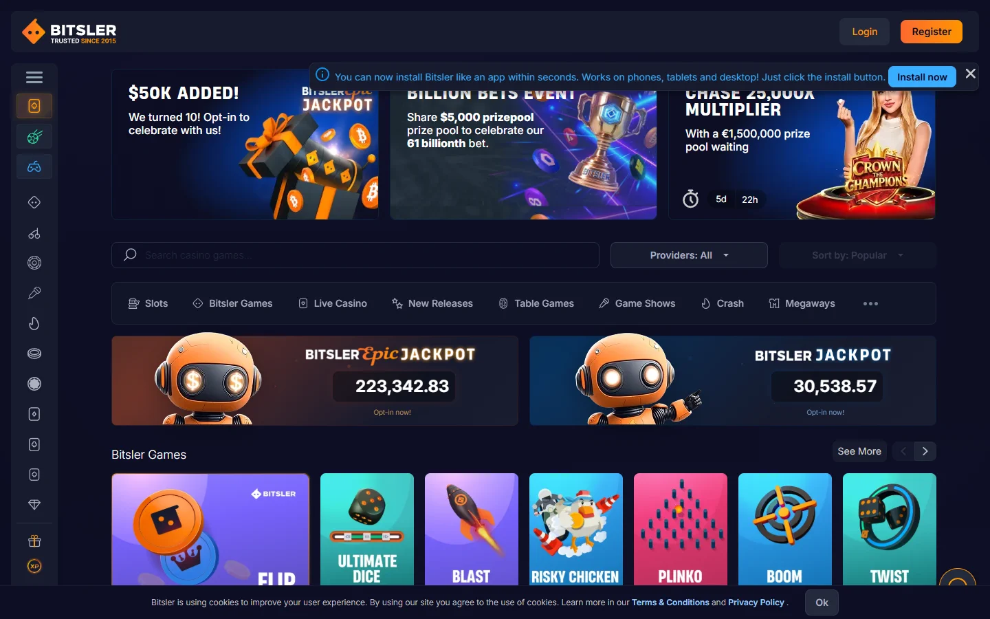 Bitsler casino lobby screenshot