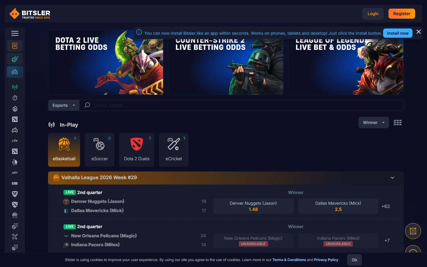 Bitsler esports betting screenshot