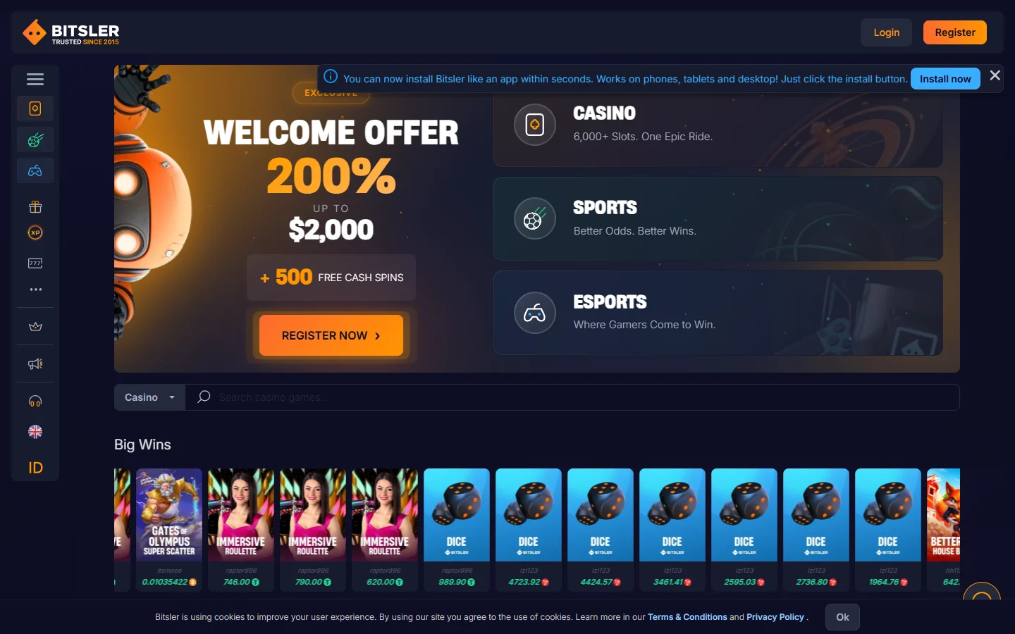 Bitsler homepage screenshot