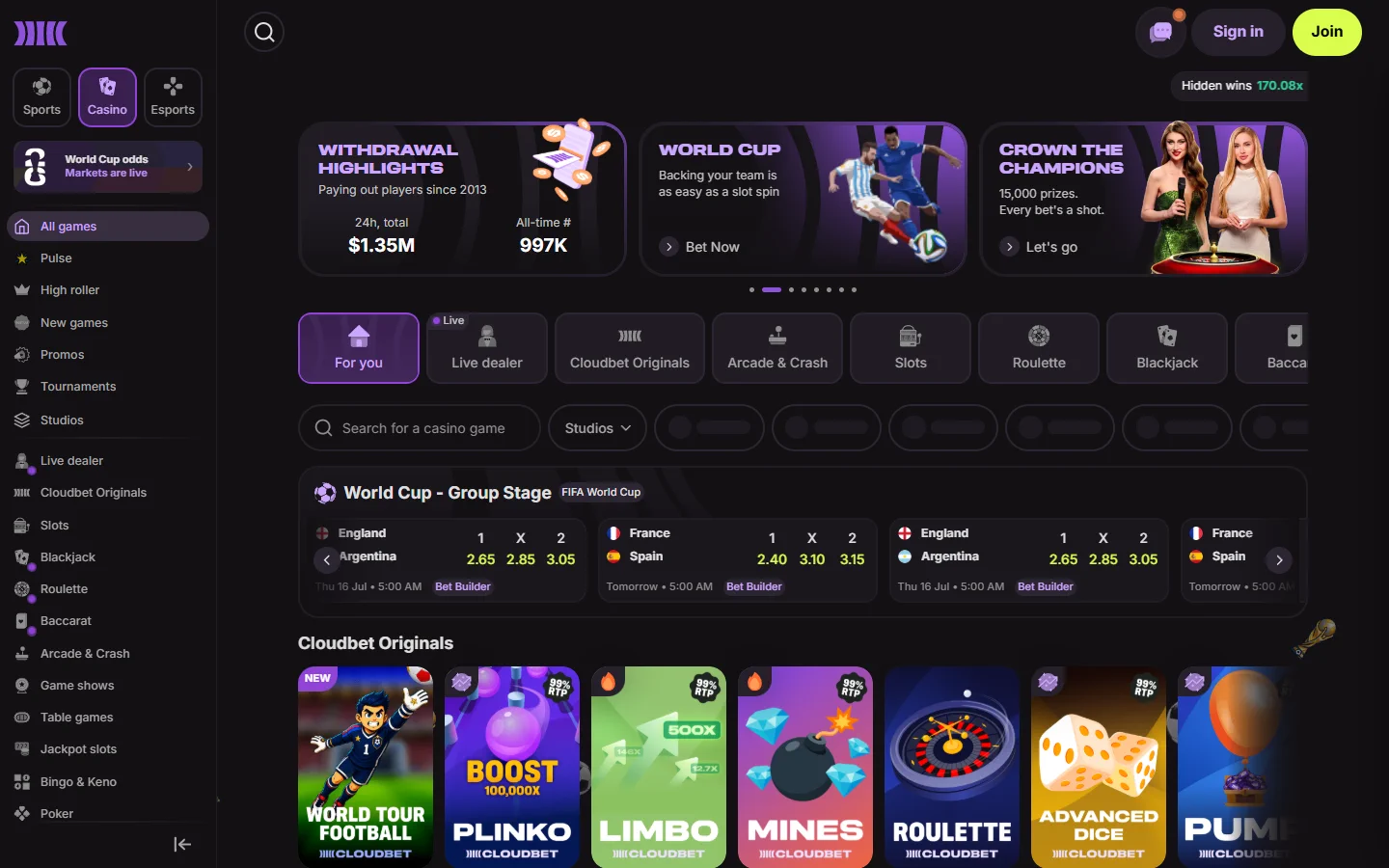 Cloudbet casino lobby screenshot