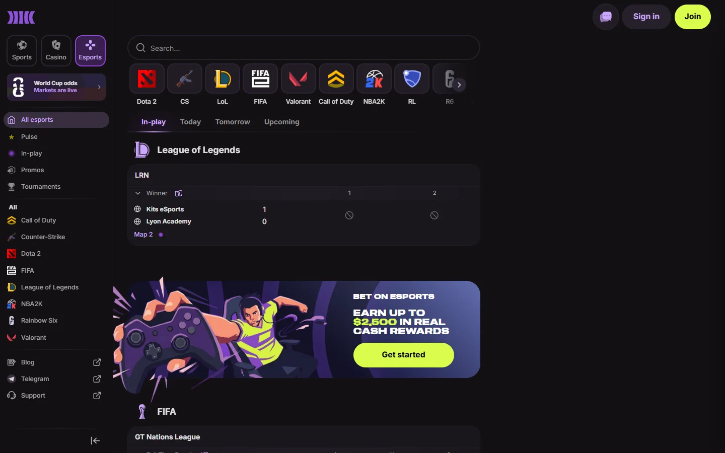 Cloudbet esports betting screenshot