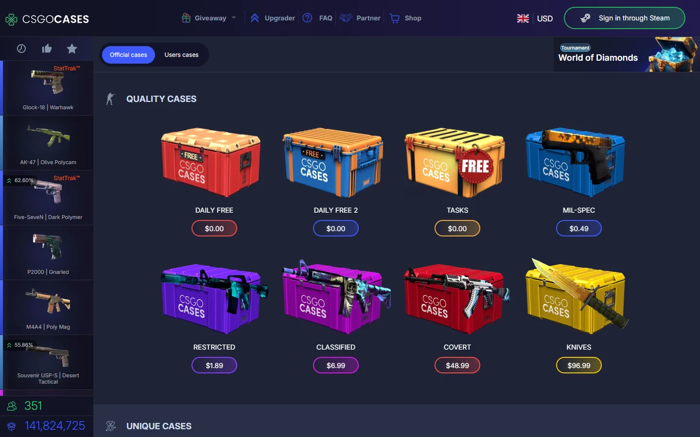 CSGOCases.com homepage screenshot