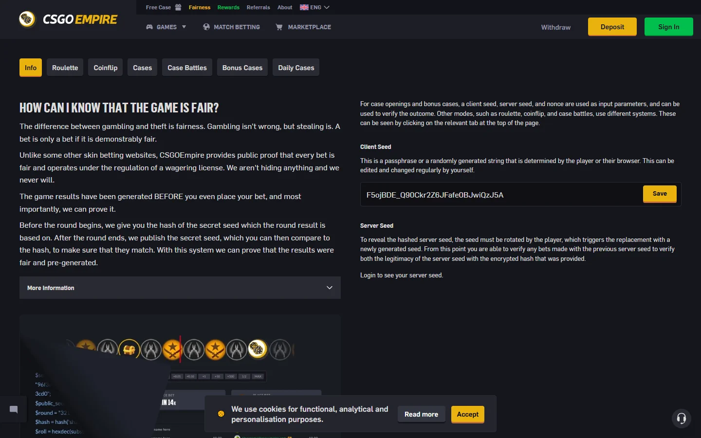 CSGOEmpire provably fair screenshot