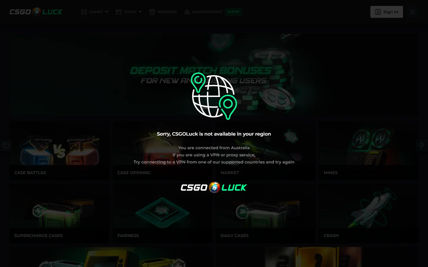 CSGOLuck homepage screenshot