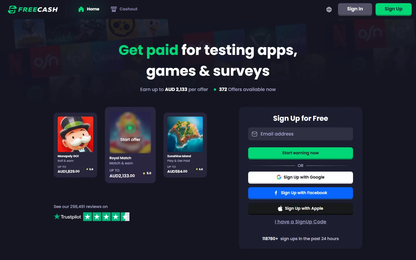 Freecash homepage screenshot