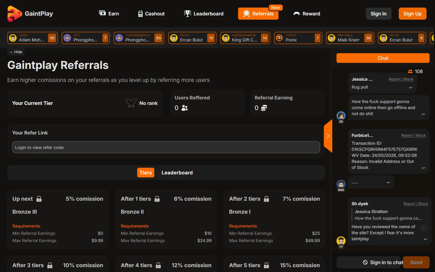 GaintPlay referrals screenshot