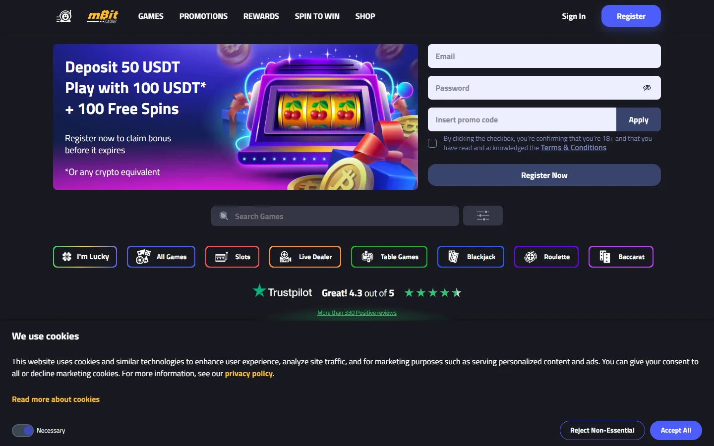 mBit Casino homepage screenshot