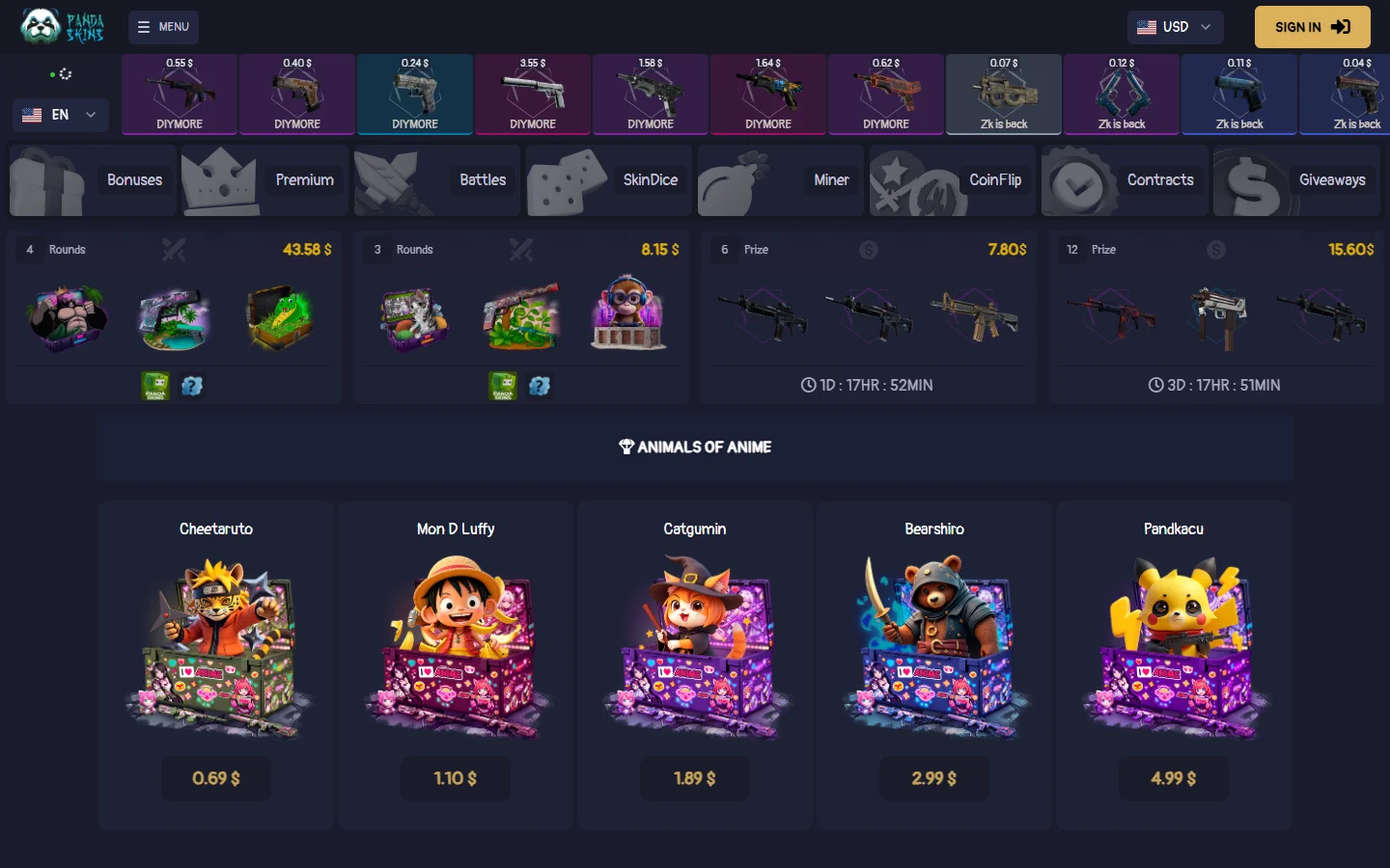 PandaSkins homepage screenshot