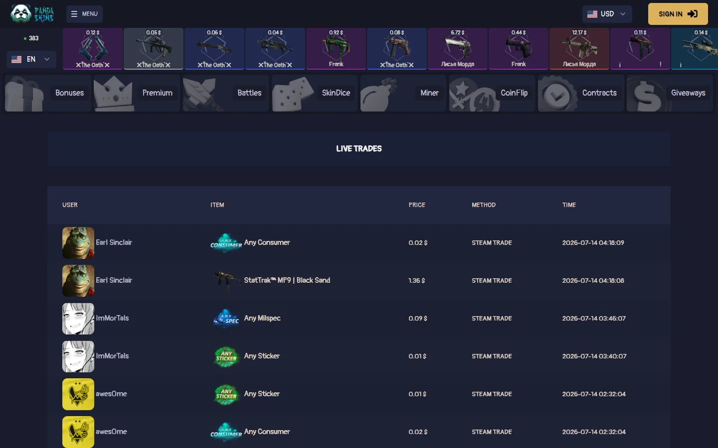 PandaSkins livetrades screenshot