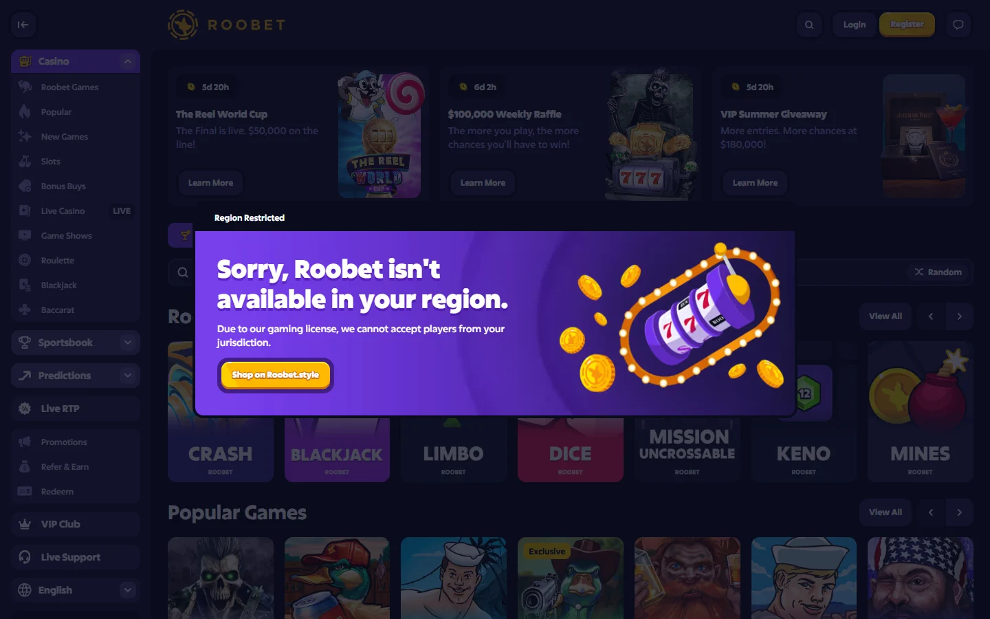Roobet casino lobby screenshot