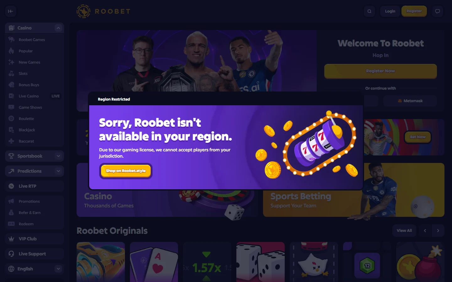 Roobet homepage screenshot