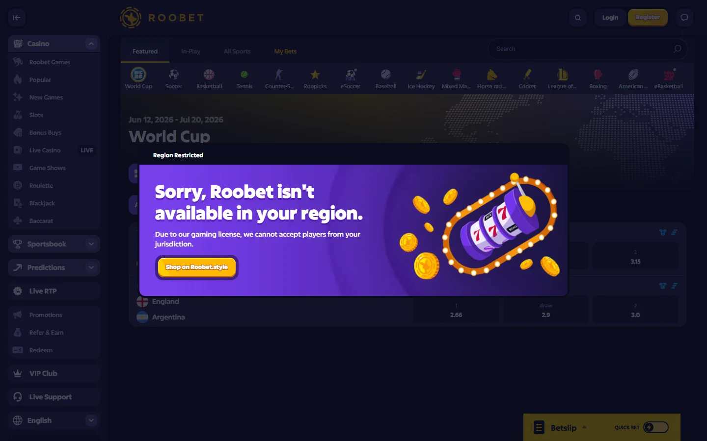 Roobet matches screenshot