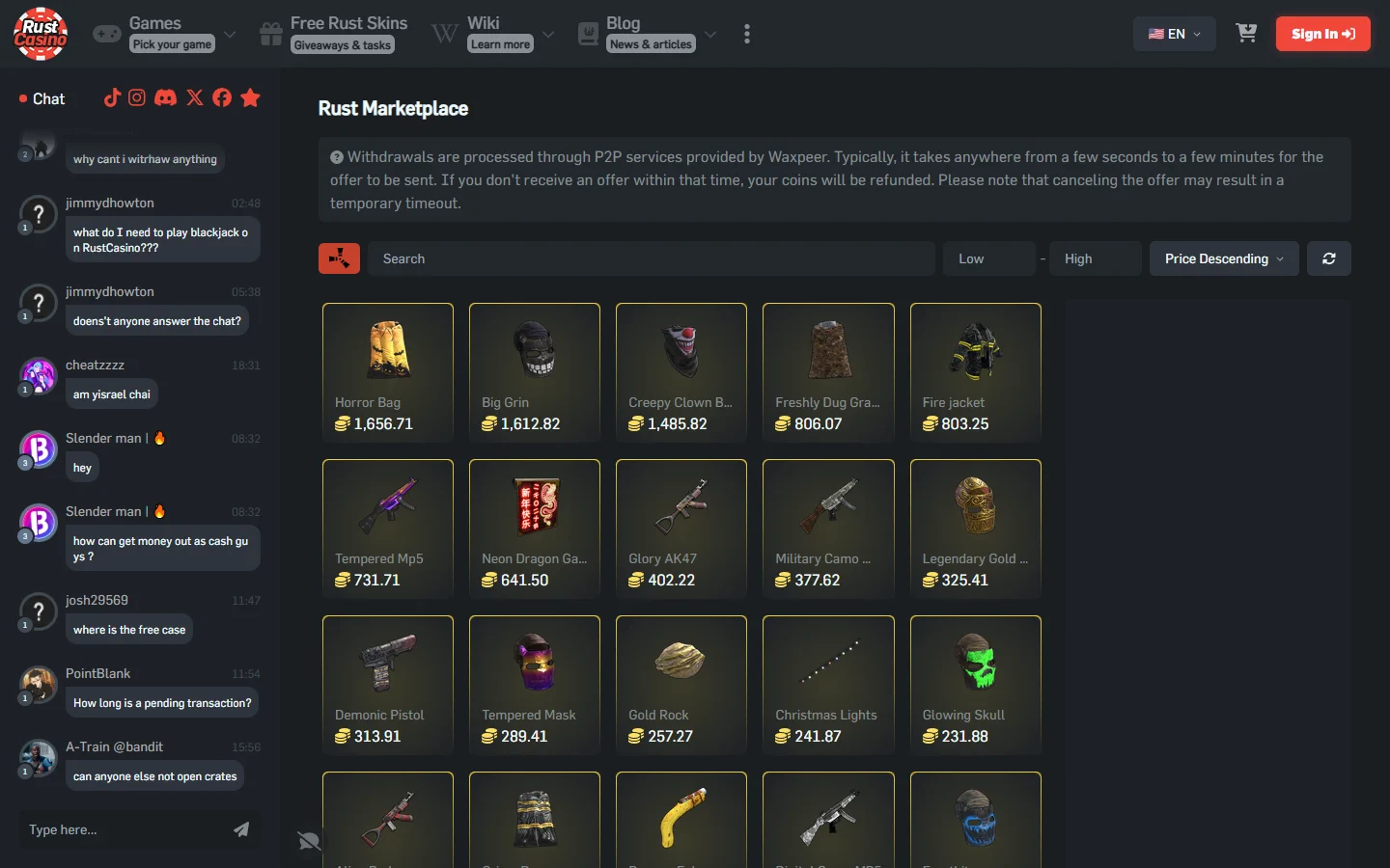 RustCasino marketplace screenshot