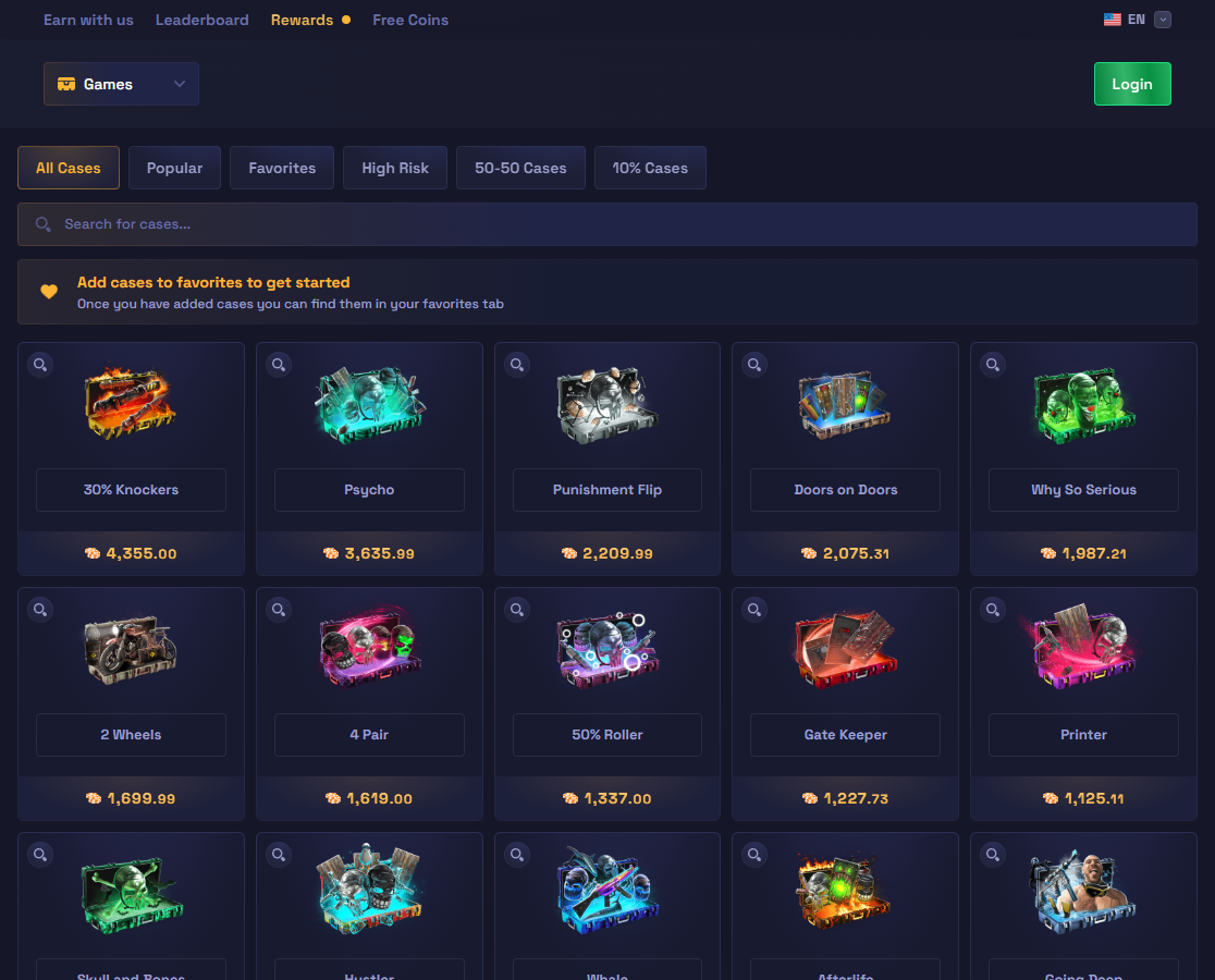 RustyLoot cases page showing filters, search, and case prices