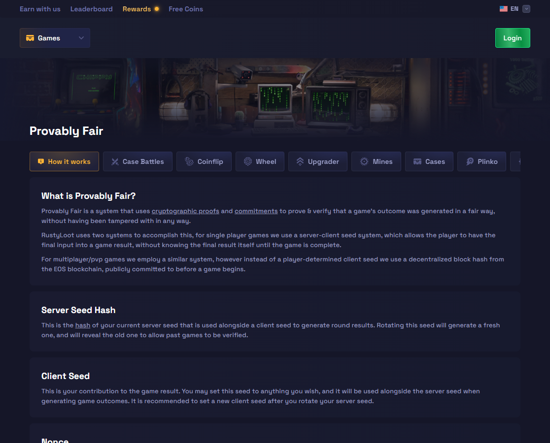 RustyLoot provably fair page showing server seed hash, client seed, and nonce fields used to verify game outcomes