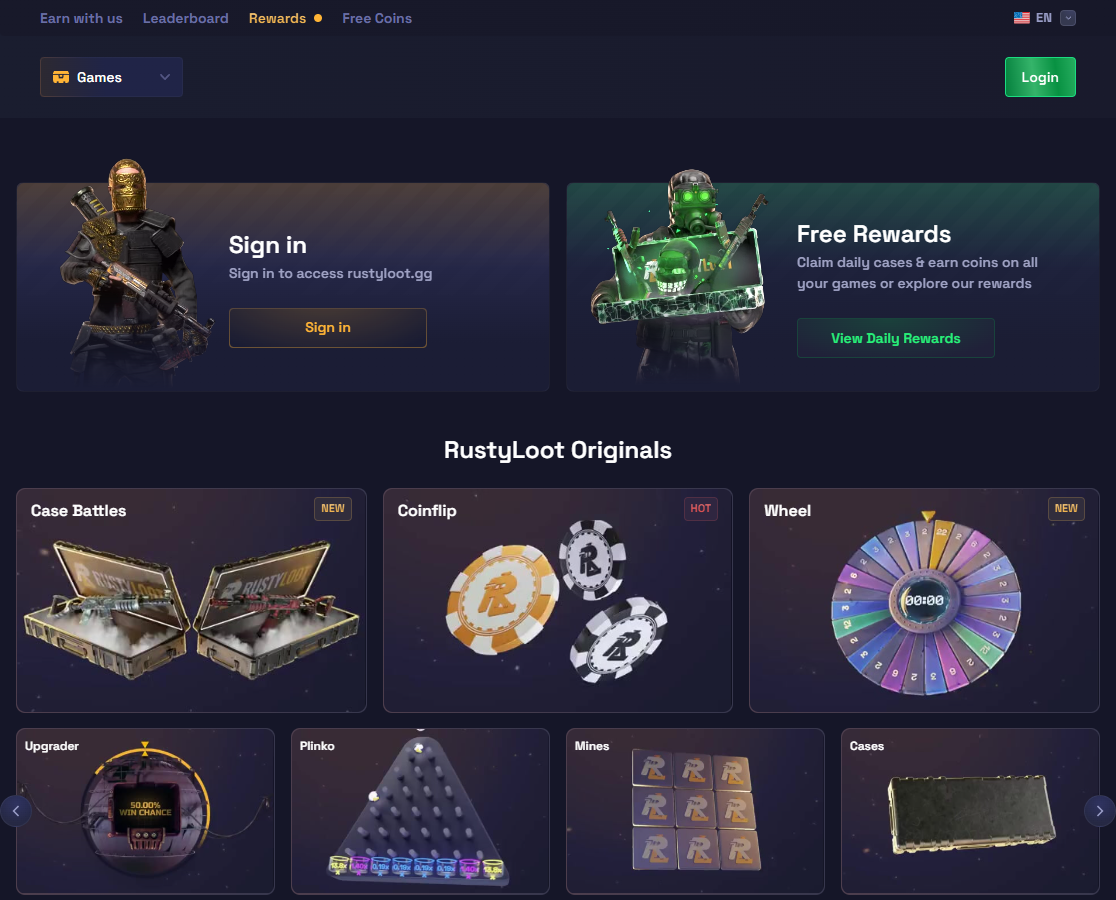 RustyLoot homepage showing sign in, free rewards, and original games