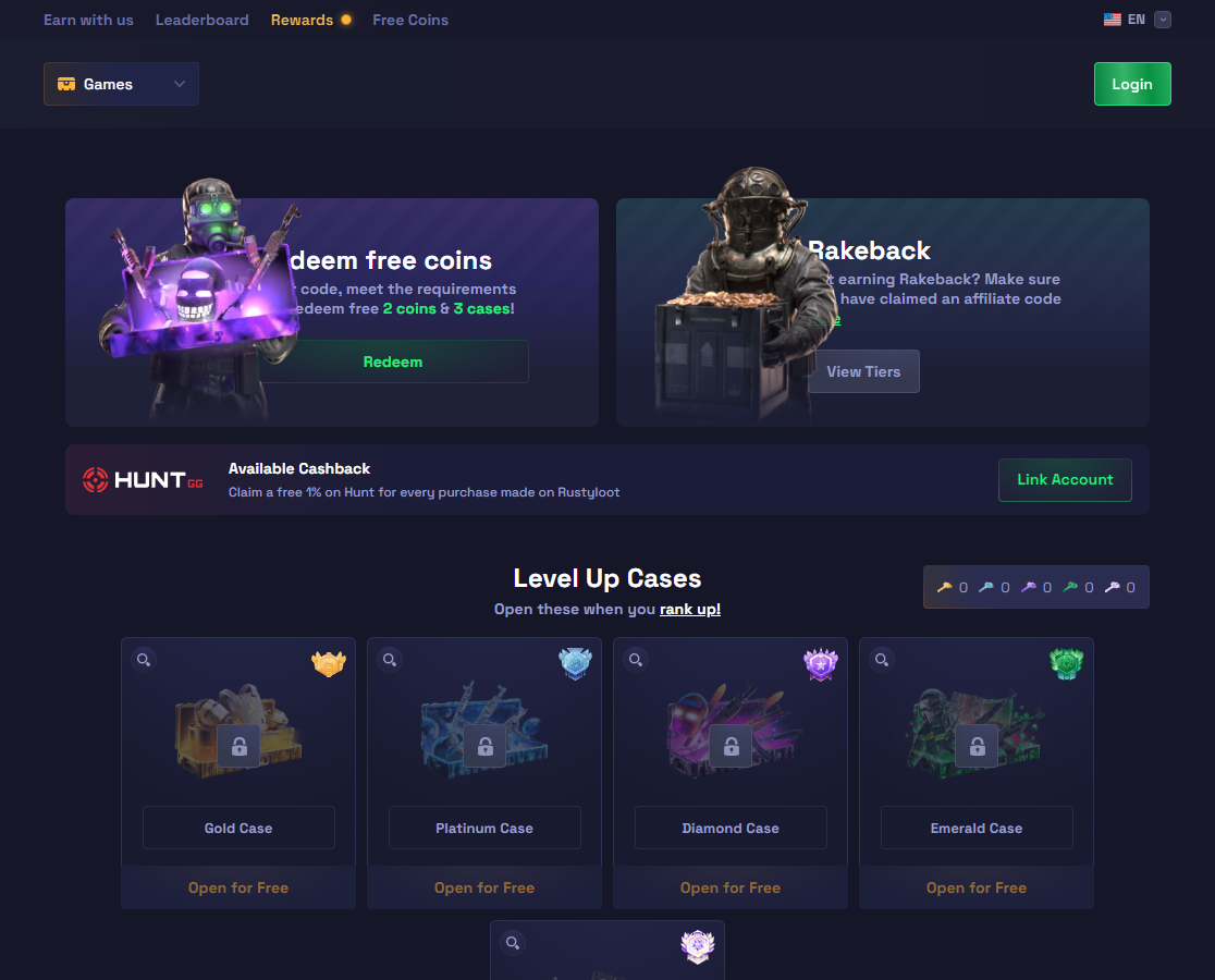 RustyLoot rewards page showing level-based rakeback tiers and daily reward cases