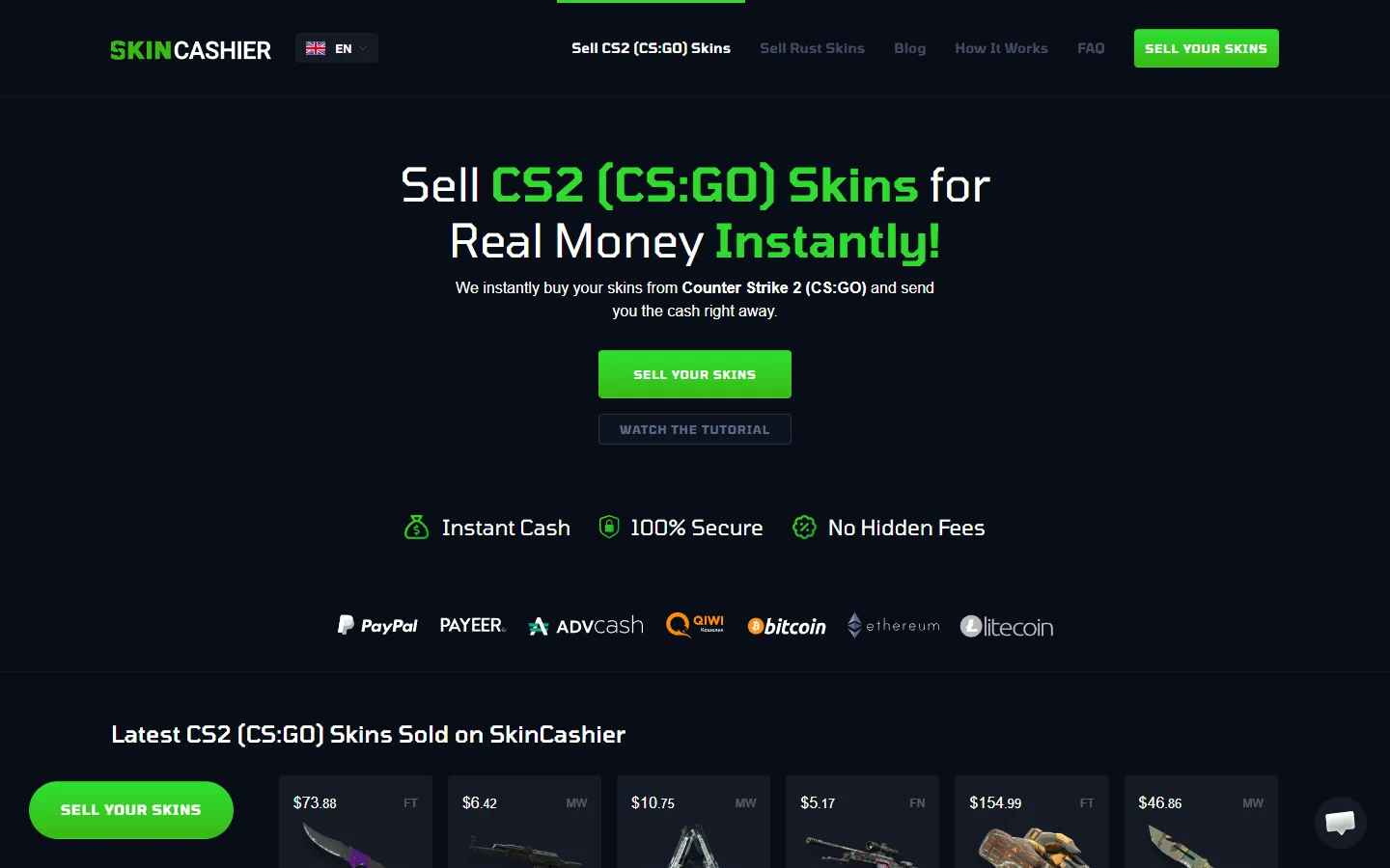 SkinCashier homepage screenshot