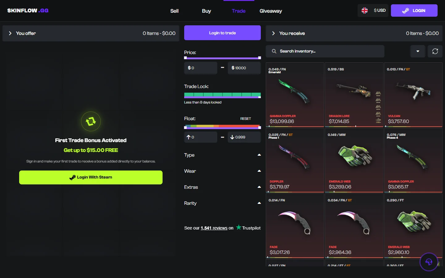 Skinflow trade screenshot