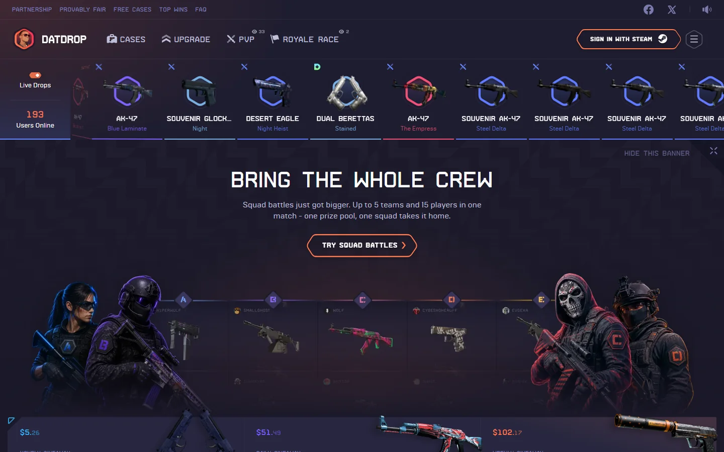 DatDrop homepage showing a live drop feed of CS2 skins, a squad battles promotion for up to 15 players across 5 teams, and navigation for cases, upgrade, PvP, and royale race