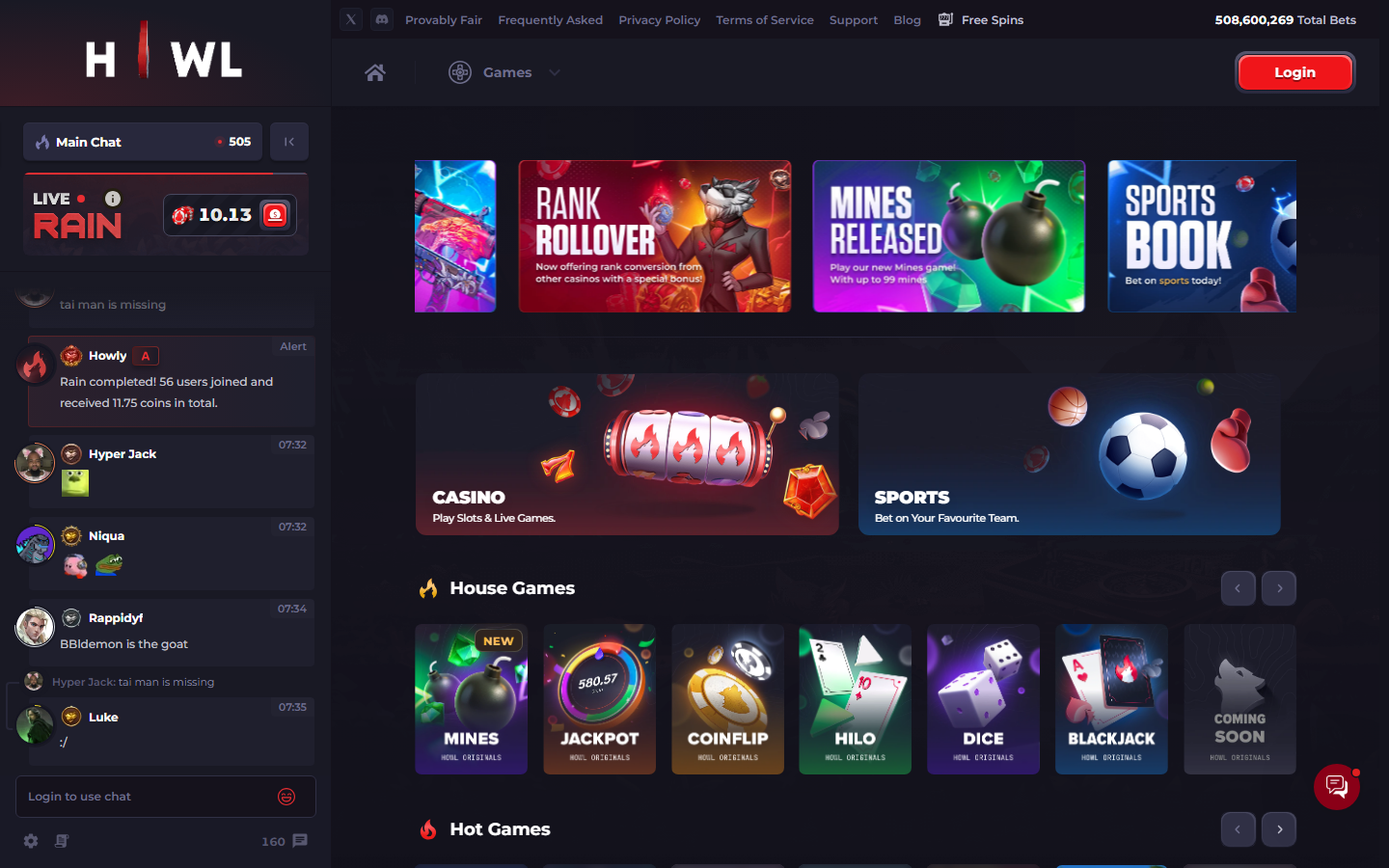 Howl homepage with house games including mines, jackpot, coinflip, hilo, dice, and blackjack, plus casino and sportsbook hubs and a live chat rail
