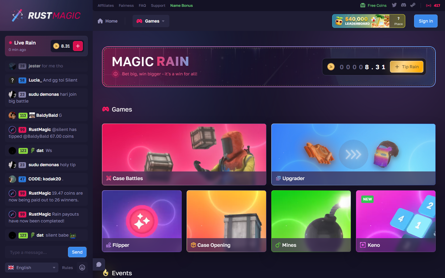 RustMagic homepage showing case battles, upgrader, flipper, case opening, mines, and keno tiles, a Magic Rain banner, and live chat with rain payouts