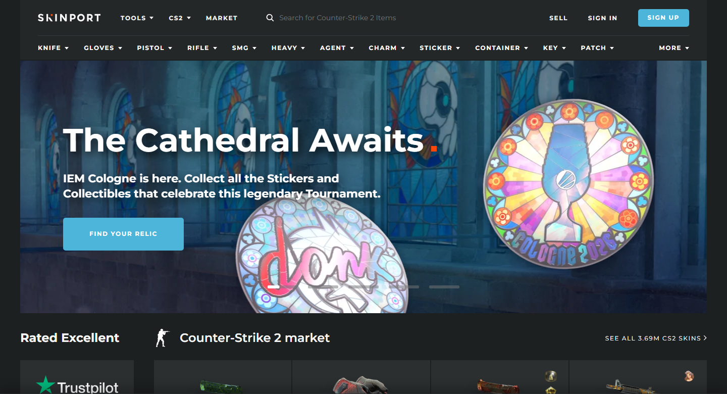 Skinport homepage showing CS2 item categories including knife, gloves, pistol, rifle, sticker, and container, with a Trustpilot rating and a market of millions of listed skins