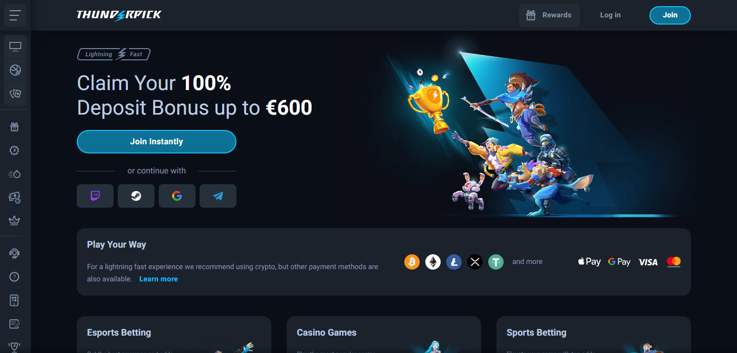 Thunderpick homepage showing a 100 percent deposit bonus, login options including Steam and Twitch, payment methods including Bitcoin, Ethereum, Litecoin, and stablecoins alongside Apple Pay, Google Pay, Visa and Mastercard, and hubs for esports, casino, and sports betting