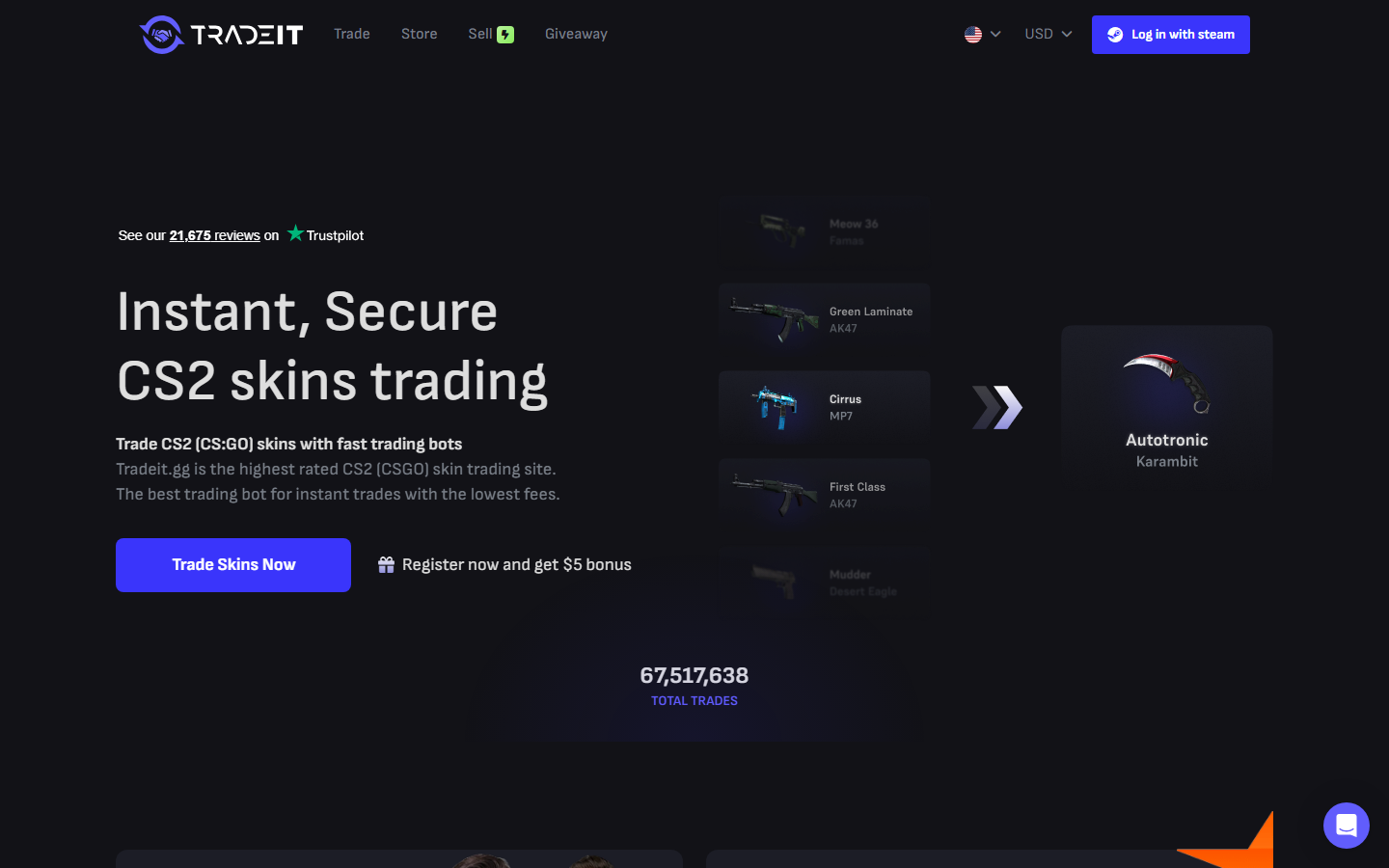 Tradeit.gg homepage showing an instant CS2 skin trade interface exchanging several skins for a karambit, with total trade count and Trustpilot reviews displayed
